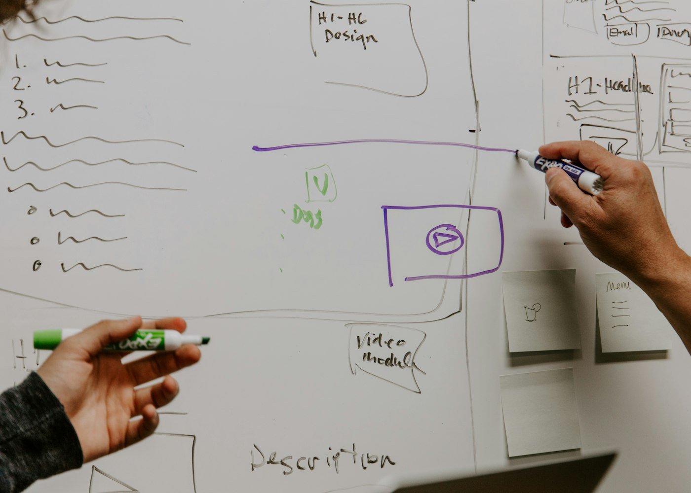 Two people working through a strategy problem together on a whiteboard