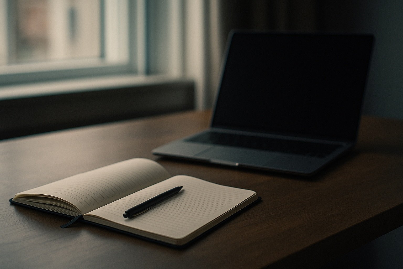 A notebook and laptop on a minimalist desk