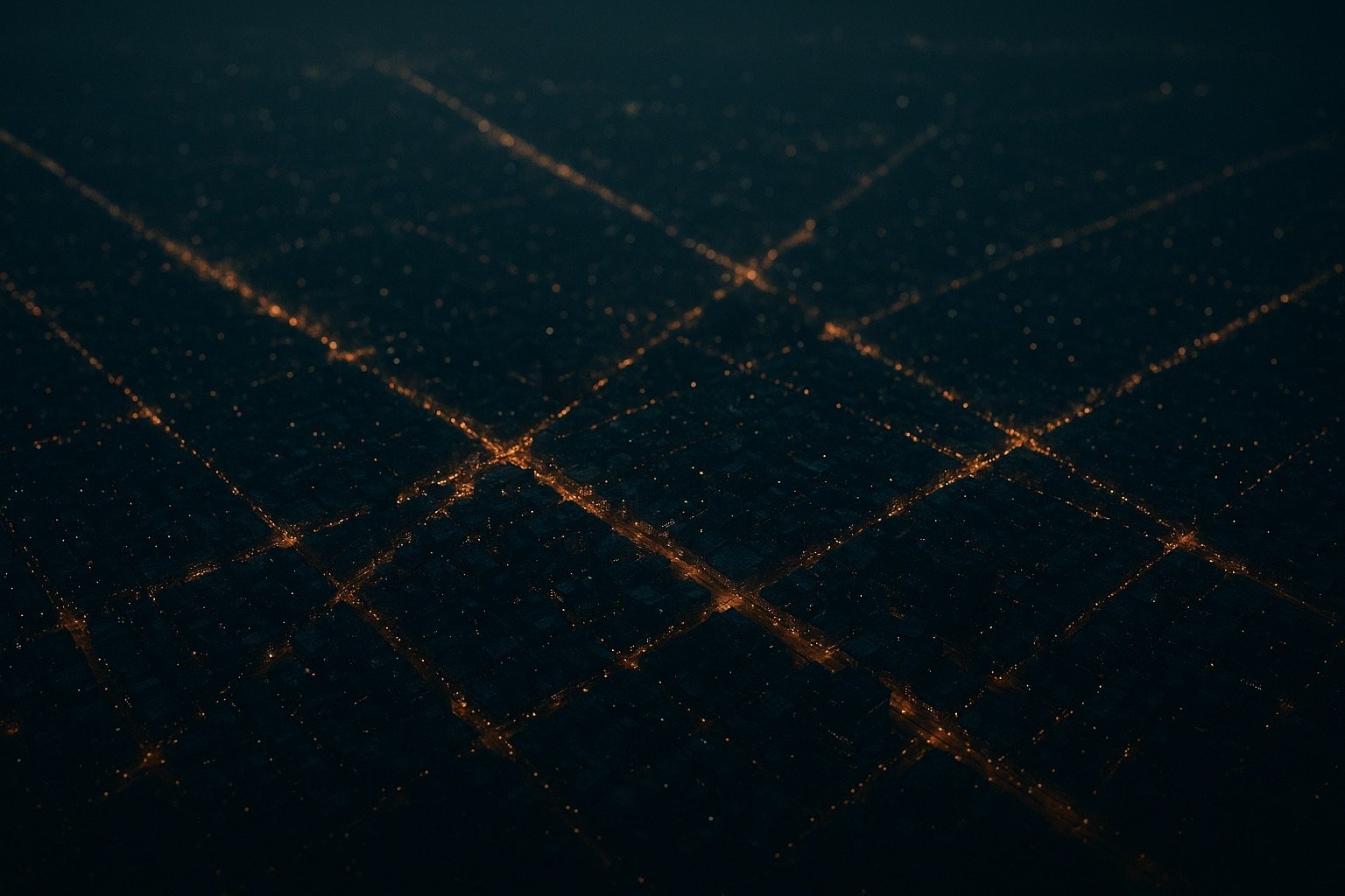 An illuminated city grid at night